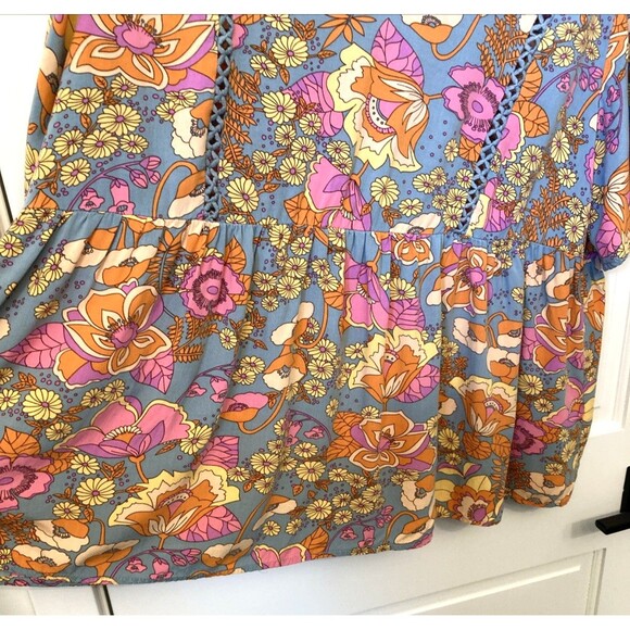 Babydoll Hippie Boho Top XL Blue Orange Retro Floral Short Sleeve Funky Grunge - Picture 6 of 13